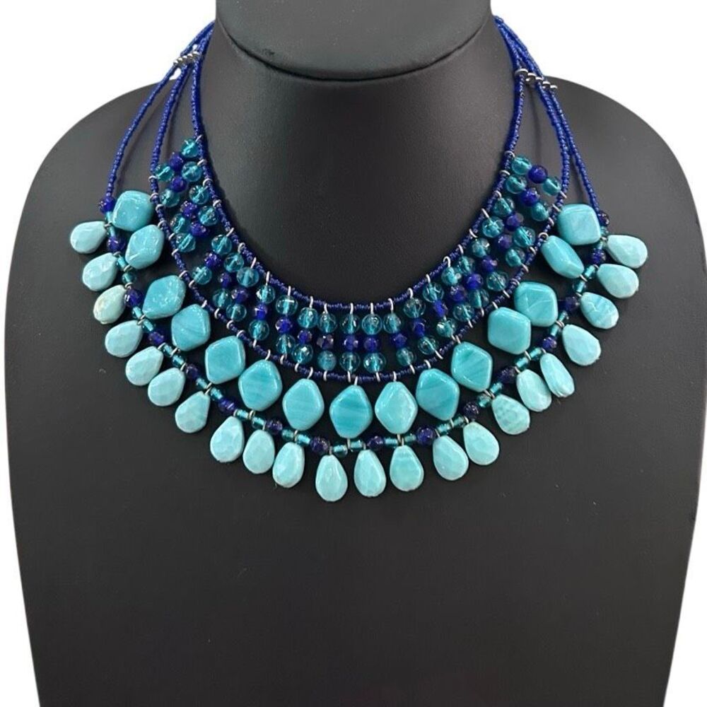 Multi strand Bib Statement Necklace Faux Turquoise & Blue Bead Tiered Waterfall - Picture 5 of 9